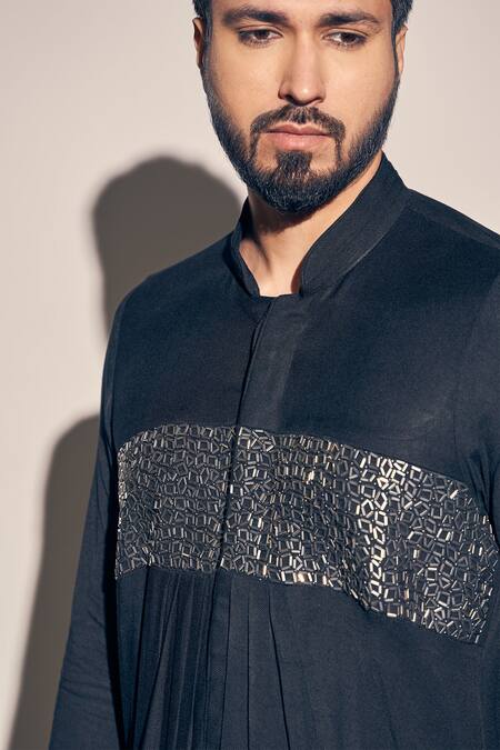 Shop_Kaaj Button X AZA_Black Twill, Cotton Cut Work Placed Cutdana Embroidered Kurta With Pant _Online_at_Aza_Fashions