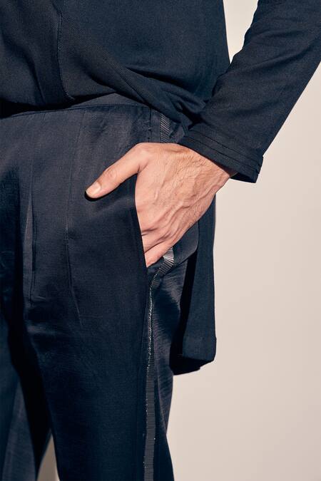 Kaaj Button X AZA_Black Twill, Cotton Cut Work Placed Cutdana Embroidered Kurta With Pant _at_Aza_Fashions