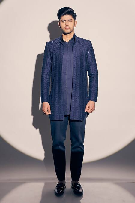 Kaaj Button X AZA_Blue Georgette, Cotton Satin, Polyester Embroidery Thread Jacket Kurta Set _Online_at_Aza_Fashions