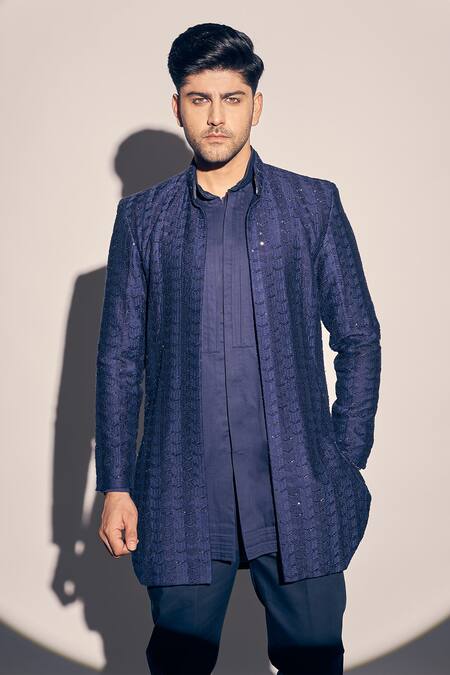 Buy_Kaaj Button X AZA_Blue Georgette, Cotton Satin, Polyester Embroidery Thread Jacket Kurta Set _Online_at_Aza_Fashions