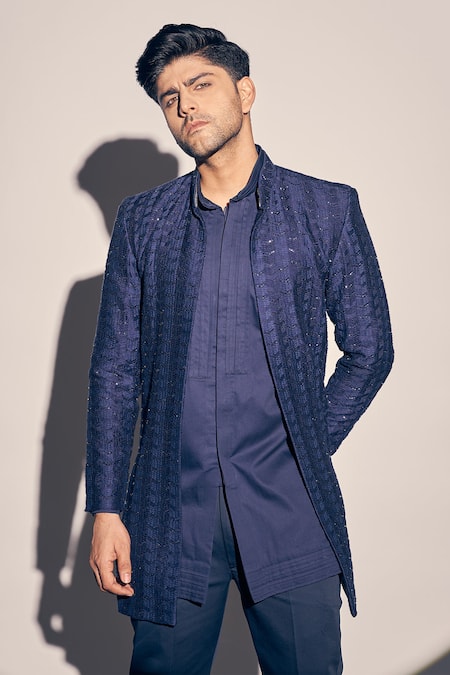 Shop_Kaaj Button X AZA_Blue Georgette, Cotton Satin, Polyester Embroidery Thread Jacket Kurta Set _Online_at_Aza_Fashions