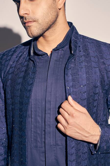 Kaaj Button X AZA_Blue Georgette, Cotton Satin, Polyester Embroidery Thread Jacket Kurta Set _at_Aza_Fashions