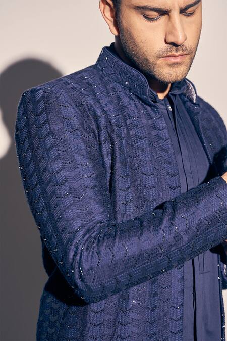 Buy_Kaaj Button X AZA_Blue Georgette, Cotton Satin, Polyester Embroidery Thread Jacket Kurta Set 