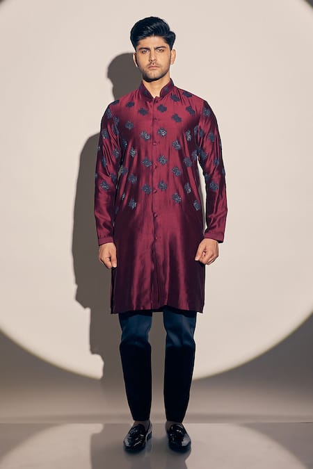 Kaaj Button X AZA_Maroon Chanderi, Satin Cut Work Cutdana Embroidered Kurta With Pant _Online_at_Aza_Fashions