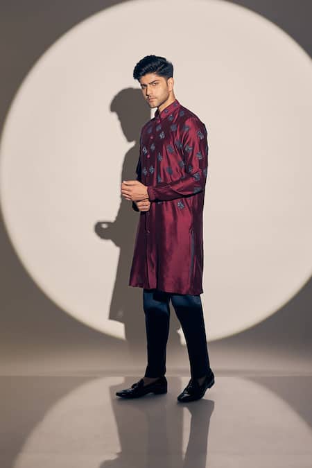 Shop_Kaaj Button X AZA_Maroon Chanderi, Satin Cut Work Cutdana Embroidered Kurta With Pant _Online_at_Aza_Fashions