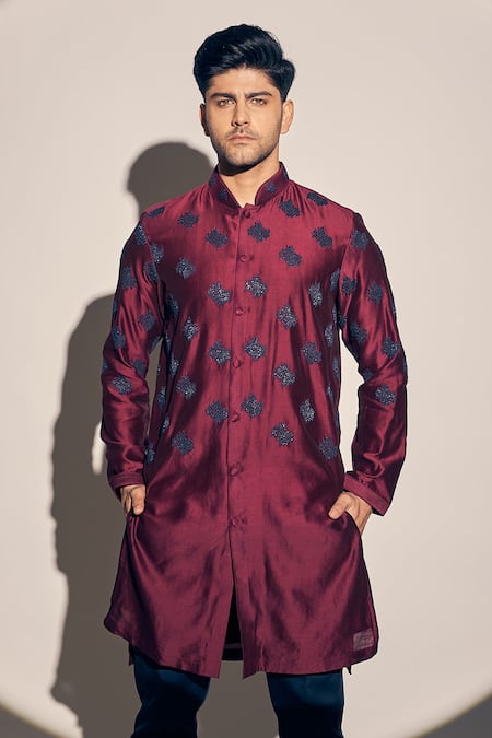 Kaaj Button X AZA_Maroon Chanderi, Satin Cut Work Cutdana Embroidered Kurta With Pant _at_Aza_Fashions