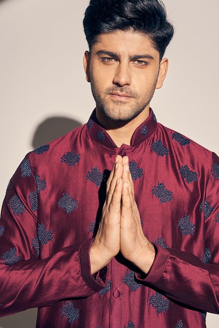 Shop_Kaaj Button X AZA_Maroon Chanderi, Satin Cut Work Cutdana Embroidered Kurta With Pant 