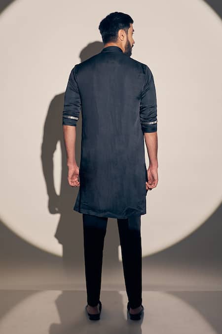 Shop_Kaaj Button X AZA_Black Satin, Linen Cut Work Asymmetric Kurta With Pant _at_Aza_Fashions