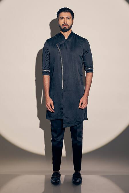 Kaaj Button X AZA_Black Satin, Linen Cut Work Asymmetric Kurta With Pant _Online_at_Aza_Fashions