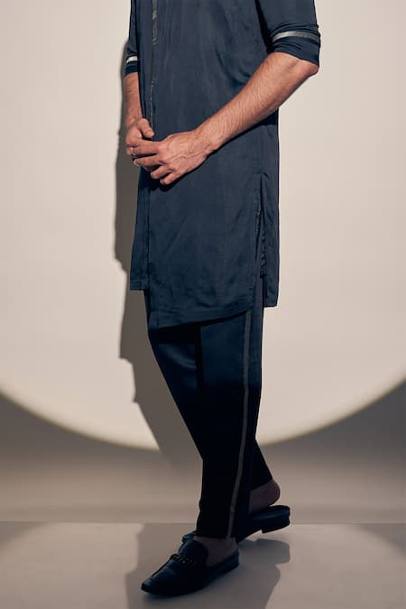 Buy_Kaaj Button X AZA_Black Satin, Linen Cut Work Asymmetric Kurta With Pant _Online_at_Aza_Fashions