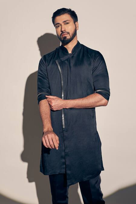 Shop_Kaaj Button X AZA_Black Satin, Linen Cut Work Asymmetric Kurta With Pant _Online_at_Aza_Fashions