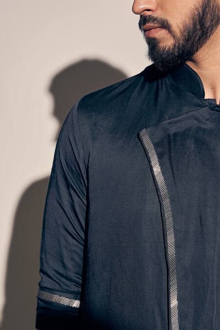 Kaaj Button X AZA_Black Satin, Linen Cut Work Asymmetric Kurta With Pant _at_Aza_Fashions