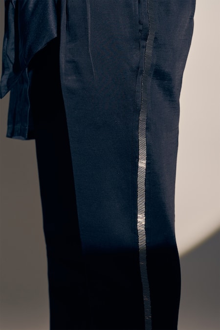 Buy_Kaaj Button X AZA_Black Satin, Linen Cut Work Asymmetric Kurta With Pant 