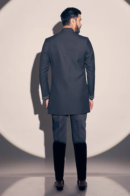 Shop Kaaj Button X AZA Black Cotton Satin, Cutdana Embroidered Placement Jodhpuri Achkan With Pant at Aza Fashions Shop_Kaaj Button X AZA_Black Cotton Satin, Cutdana Embroidered Placement Jodhpuri Achkan With Pant _at_Aza_Fashions