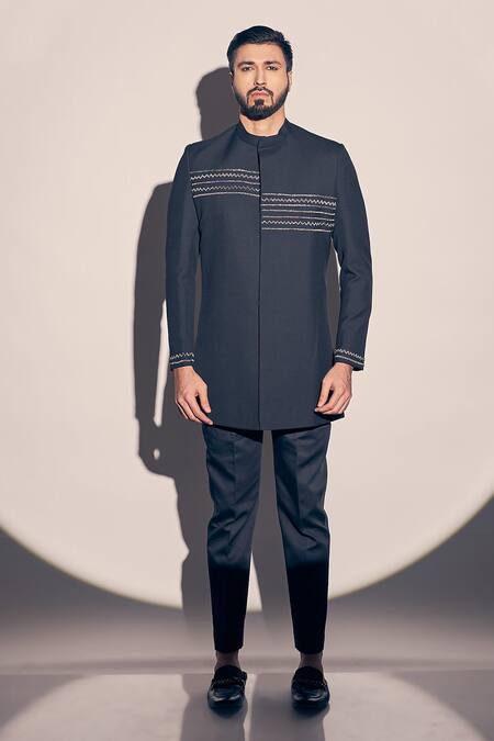 Kaaj Button X AZA Black Cotton Satin, Cutdana Embroidered Placement Jodhpuri Achkan With Pant Online at Aza Fashions Kaaj Button X AZA_Black Cotton Satin, Cutdana Embroidered Placement Jodhpuri Achkan With Pant _Online_at_Aza_Fashions