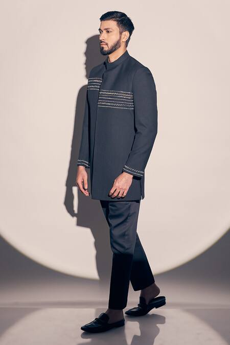 Buy Kaaj Button X AZA Black Cotton Satin, Cutdana Embroidered Placement Jodhpuri Achkan With Pant Online at Aza Fashions Buy_Kaaj Button X AZA_Black Cotton Satin, Cutdana Embroidered Placement Jodhpuri Achkan With Pant _Online_at_Aza_Fashions