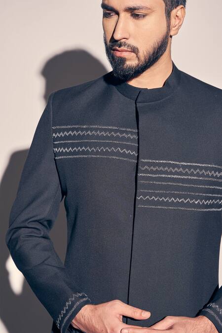 Kaaj Button X AZA Black Cotton Satin, Cutdana Embroidered Placement Jodhpuri Achkan With Pant at Aza Fashions Kaaj Button X AZA_Black Cotton Satin, Cutdana Embroidered Placement Jodhpuri Achkan With Pant _at_Aza_Fashions