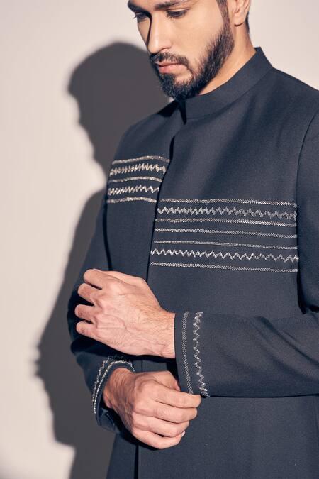 Buy Kaaj Button X AZA Black Cotton Satin, Cutdana Embroidered Placement Jodhpuri Achkan With Pant Buy_Kaaj Button X AZA_Black Cotton Satin, Cutdana Embroidered Placement Jodhpuri Achkan With Pant