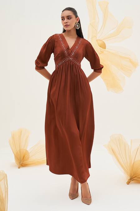House Of Fett_Brown Satin Mirrors V-neck Cocoa Mosaic Yoke Embroidered Dress _Online_at_Aza_Fashions