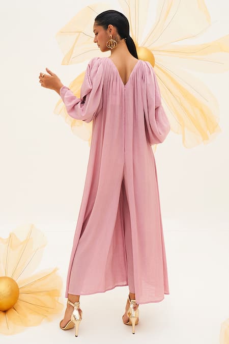 Shop_House Of Fett_Purple Satin, Georgette Embroidery V-neck Enigma Cowl Sleeve Jumpsuit _at_Aza_Fashions