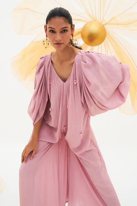 House Of Fett_Purple Satin, Georgette Embroidery V-neck Enigma Cowl Sleeve Jumpsuit _Online_at_Aza_Fashions