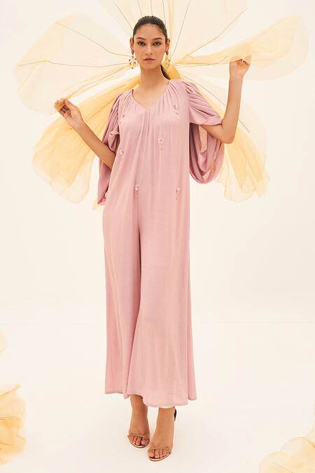 Buy_House Of Fett_Purple Satin, Georgette Embroidery V-neck Enigma Cowl Sleeve Jumpsuit _Online_at_Aza_Fashions