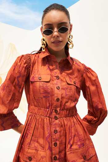 House Of Fett_Orange Linen Collared Kobe Printed Shirt Dress_Online_at_Aza_Fashions