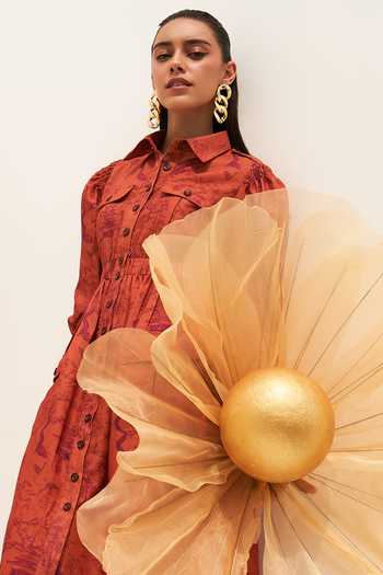 Buy_House Of Fett_Orange Linen Collared Kobe Printed Shirt Dress_Online_at_Aza_Fashions