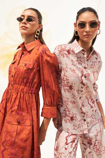 Shop_House Of Fett_Orange Linen Collared Kobe Printed Shirt Dress_Online_at_Aza_Fashions
