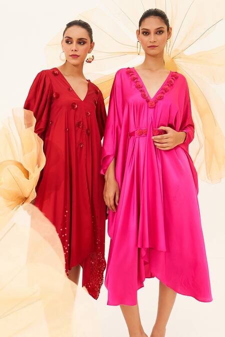 House Of Fett_Red Satin, Lycra Sequins, Embroidery V-neck Rubyetta Tunic And Pant Set_Online_at_Aza_Fashions