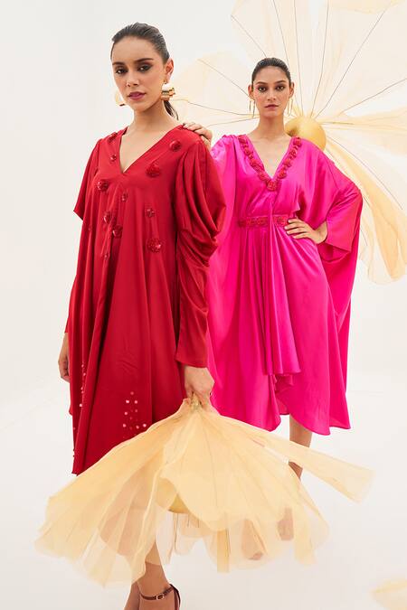 Buy_House Of Fett_Red Satin, Lycra Sequins, Embroidery V-neck Rubyetta Tunic And Pant Set_Online_at_Aza_Fashions