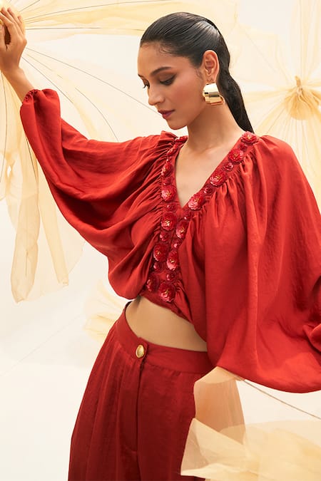 House Of Fett Red Satin, Lycra Embroidery V-neck Rosamore Hand Crop Top And Pant Set Online at Aza Fashions House Of Fett_Red Satin, Lycra Embroidery V-neck Rosamore Hand Crop Top And Pant Set _Online_at_Aza_Fashions
