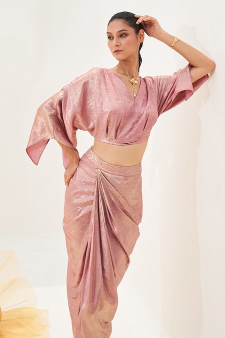 Buy_House Of Fett_Pink Satin V-neck Ballet Blush Solid Crop Top And Skirt Set_Online_at_Aza_Fashions