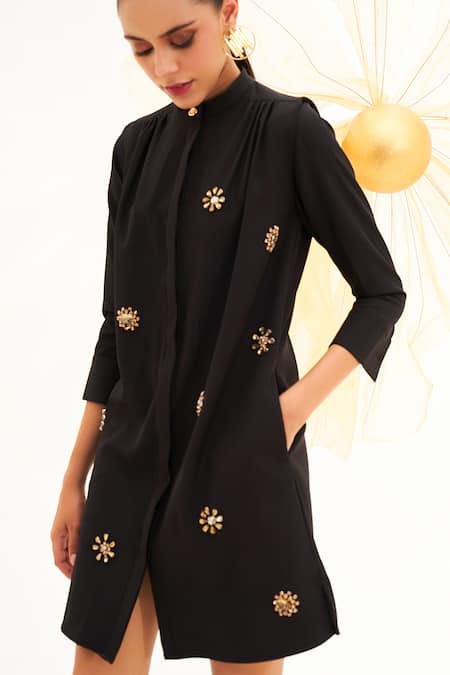 House Of Fett_Black Crepe Embroidery High Neck Starry Night Short Dress _Online_at_Aza_Fashions