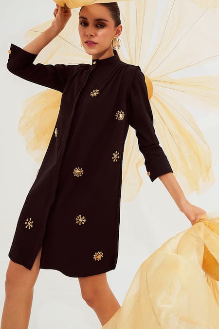 Buy_House Of Fett_Black Crepe Embroidery High Neck Starry Night Short Dress _Online_at_Aza_Fashions