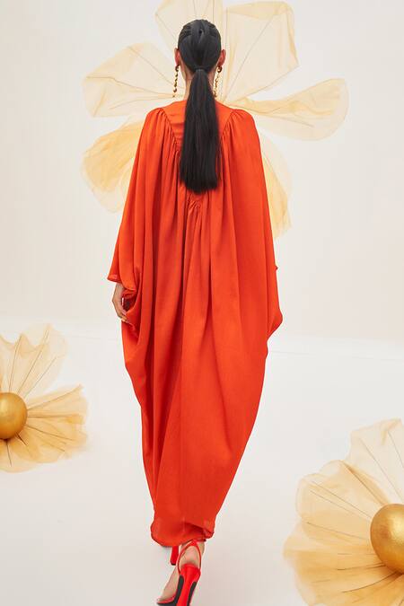 Shop House Of Fett Orange Satin Embroidery, Mirrors Round Neck Spice Pear Mosaic Yoke Kaftan at Aza Fashions Shop_House Of Fett_Orange Satin Embroidery, Mirrors Round Neck Spice Pear Mosaic Yoke Kaftan _at_Aza_Fashions