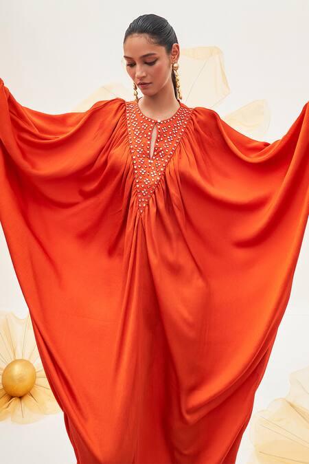 House Of Fett Orange Satin Embroidery, Mirrors Round Neck Spice Pear Mosaic Yoke Kaftan Online at Aza Fashions House Of Fett_Orange Satin Embroidery, Mirrors Round Neck Spice Pear Mosaic Yoke Kaftan _Online_at_Aza_Fashions