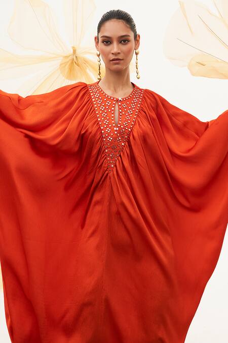 Shop House Of Fett Orange Satin Embroidery, Mirrors Round Neck Spice Pear Mosaic Yoke Kaftan Online at Aza Fashions Shop_House Of Fett_Orange Satin Embroidery, Mirrors Round Neck Spice Pear Mosaic Yoke Kaftan _Online_at_Aza_Fashions