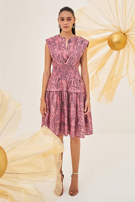 House Of Fett Pink Linen Split V-neck Osaka Abstract Print Dress at Aza Fashions House Of Fett_Pink Linen Split V-neck Osaka Abstract Print Dress_at_Aza_Fashions