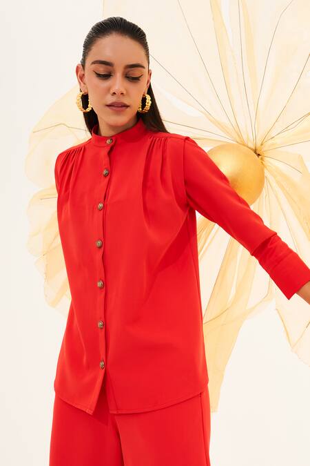 Buy_House Of Fett_Red Crepe Bandeau Neck Button Down Shirt And Pant Set_Online_at_Aza_Fashions