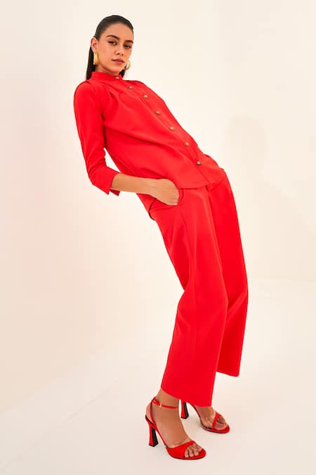Shop_House Of Fett_Red Crepe Bandeau Neck Button Down Shirt And Pant Set_Online_at_Aza_Fashions