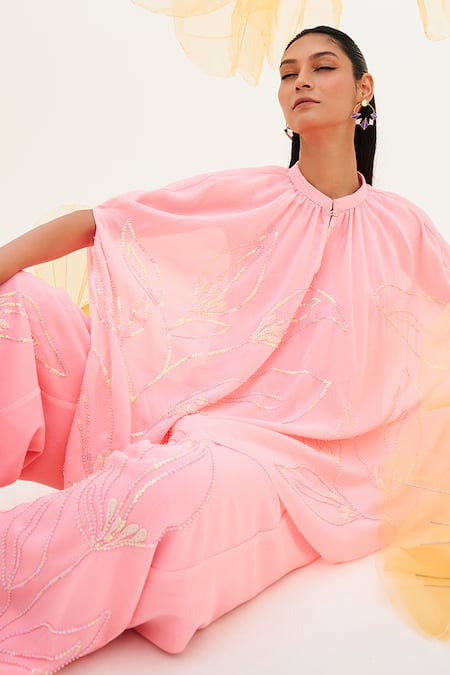 House Of Fett_Pink Georgette Sequins, Beads Bandeau Neck Embroidered Kaftan Top Pant Set _Online_at_Aza_Fashions