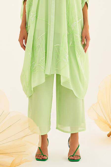House Of Fett_Green Georgette Sequins, Beads Bandeau Neck Floral Embroidered Kaftan Pant Set _Online_at_Aza_Fashions