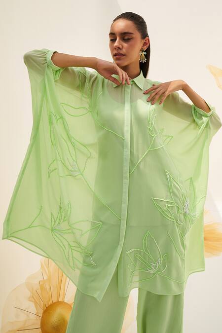 Buy_House Of Fett_Green Georgette Sequins, Beads Bandeau Neck Floral Embroidered Kaftan Pant Set _Online_at_Aza_Fashions
