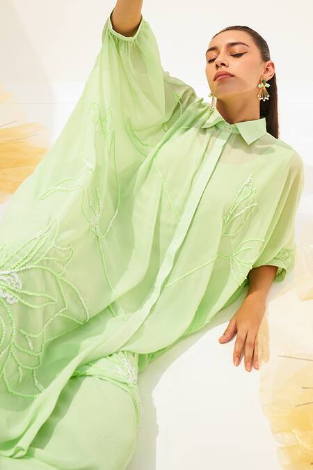 Shop_House Of Fett_Green Georgette Sequins, Beads Bandeau Neck Floral Embroidered Kaftan Pant Set _Online_at_Aza_Fashions