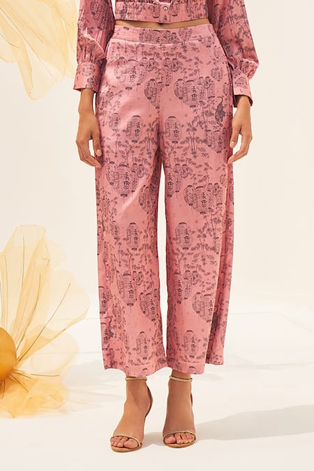 House Of Fett_Pink Silk, Satin Sequins Bandeau Neck Shibuya Shirt And Pant Set _Online_at_Aza_Fashions