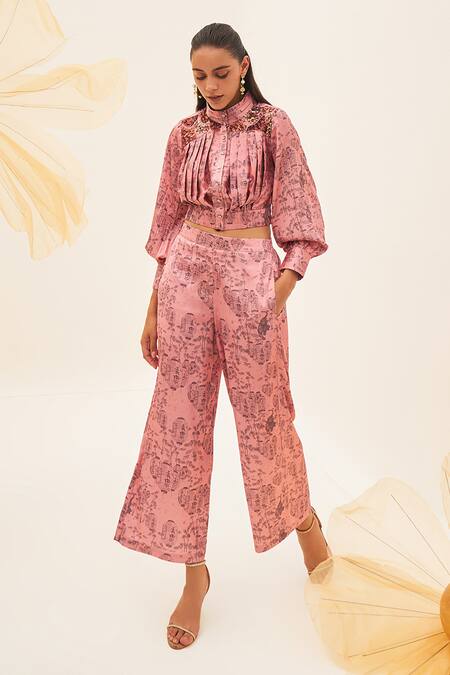 Buy_House Of Fett_Pink Silk, Satin Sequins Bandeau Neck Shibuya Shirt And Pant Set _Online_at_Aza_Fashions