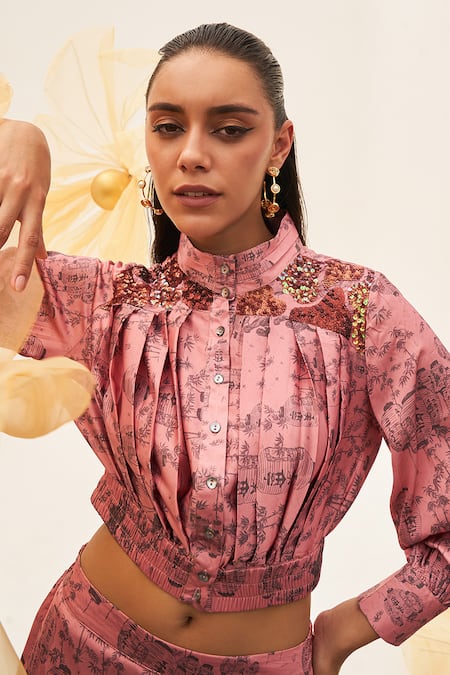 Shop_House Of Fett_Pink Silk, Satin Sequins Bandeau Neck Shibuya Shirt And Pant Set _Online_at_Aza_Fashions