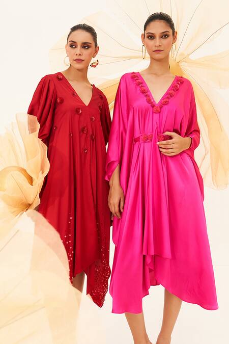 House Of Fett_Pink Satin, Lycra Embroidery V-neck Rose Floral Work Kaftan_Online_at_Aza_Fashions