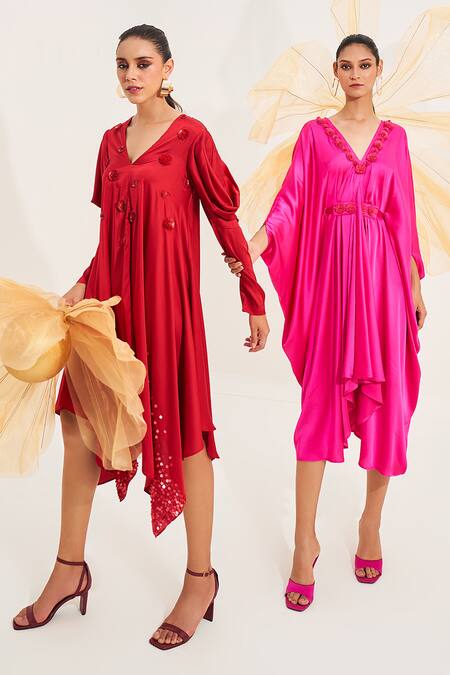 Buy_House Of Fett_Pink Satin, Lycra Embroidery V-neck Rose Floral Work Kaftan_Online_at_Aza_Fashions